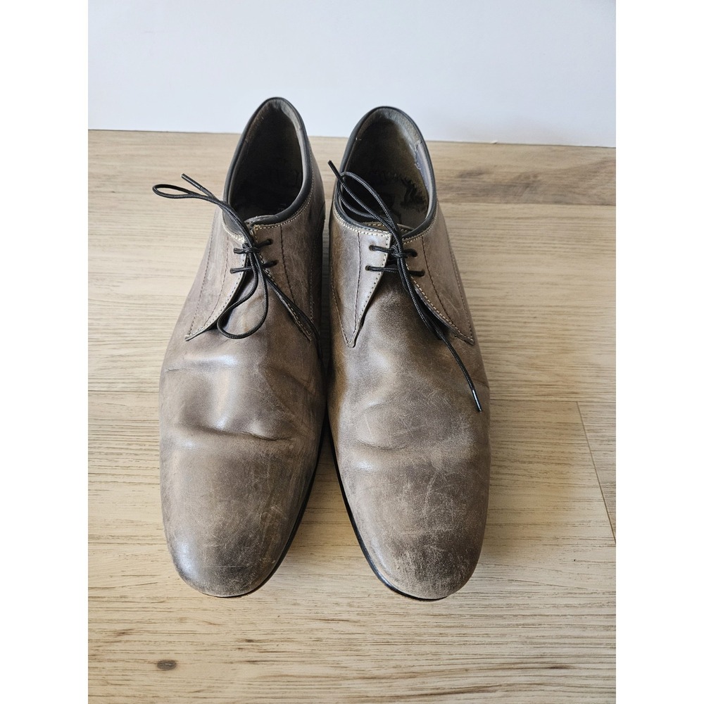 Ted Baker‎ Men's Distressed Leather Derby Dress Shoes Gray Taupe Almond Toe Lace